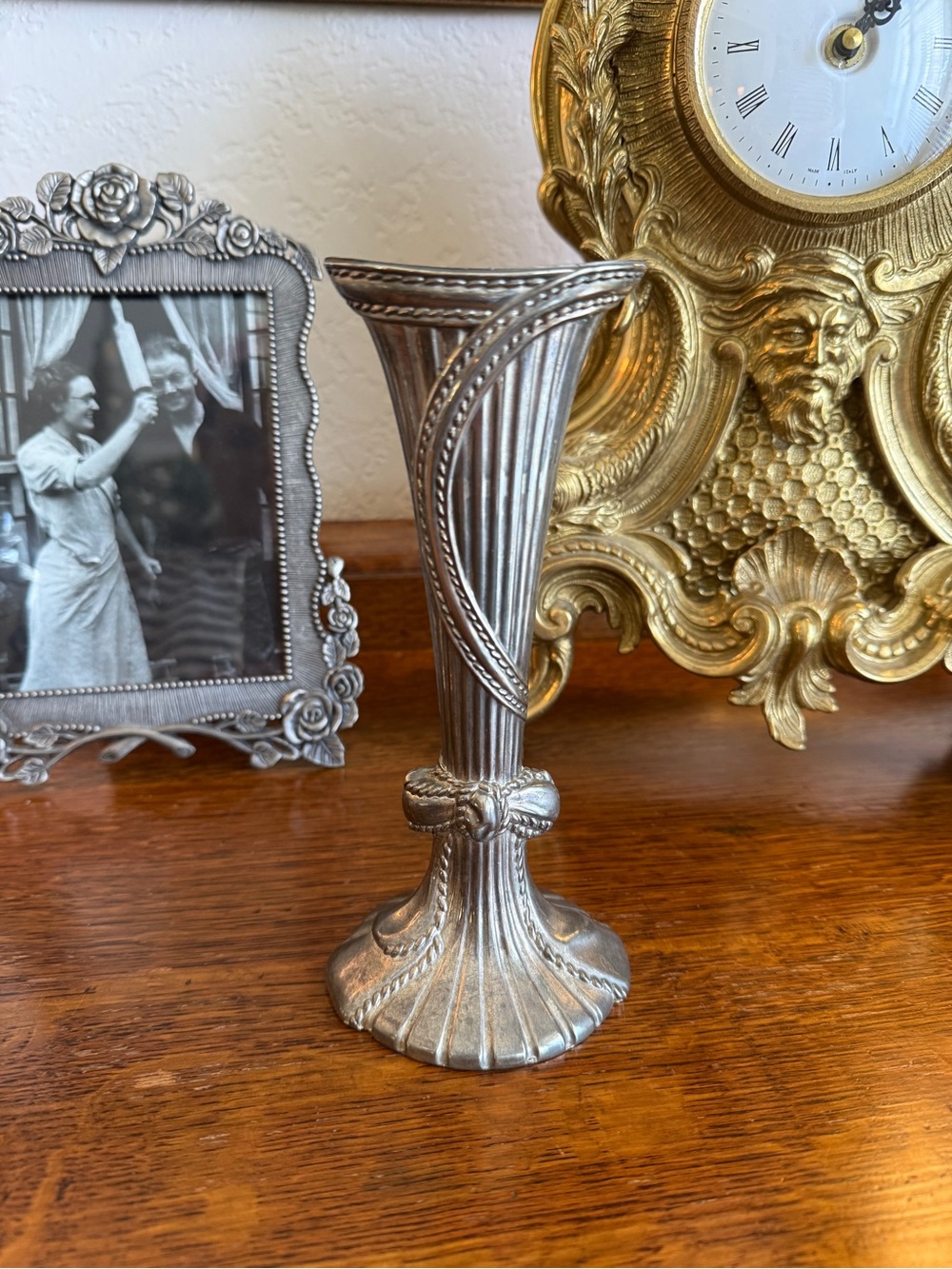 Vintage Silver Fluted Bud Vase with Rope Bow Design - Picture 3 of 15